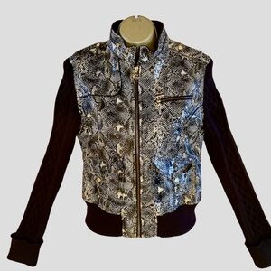 Stylish Black, White, & Gray Snakeskin Printed Moto Jacket. Sz. L